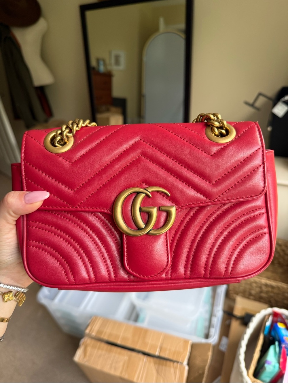 Gucci Red Chevron Quilted Shoulder Bag with GG Hardware